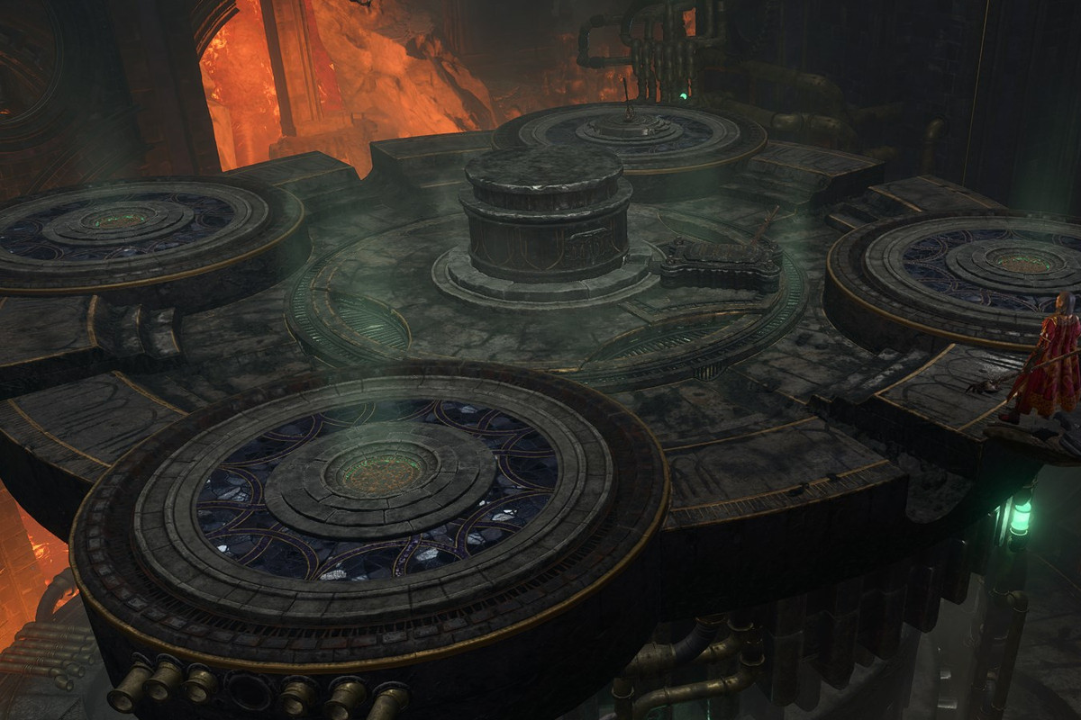 Playable character standing over the Adamantine Forge in Baldur’s Gate 3.