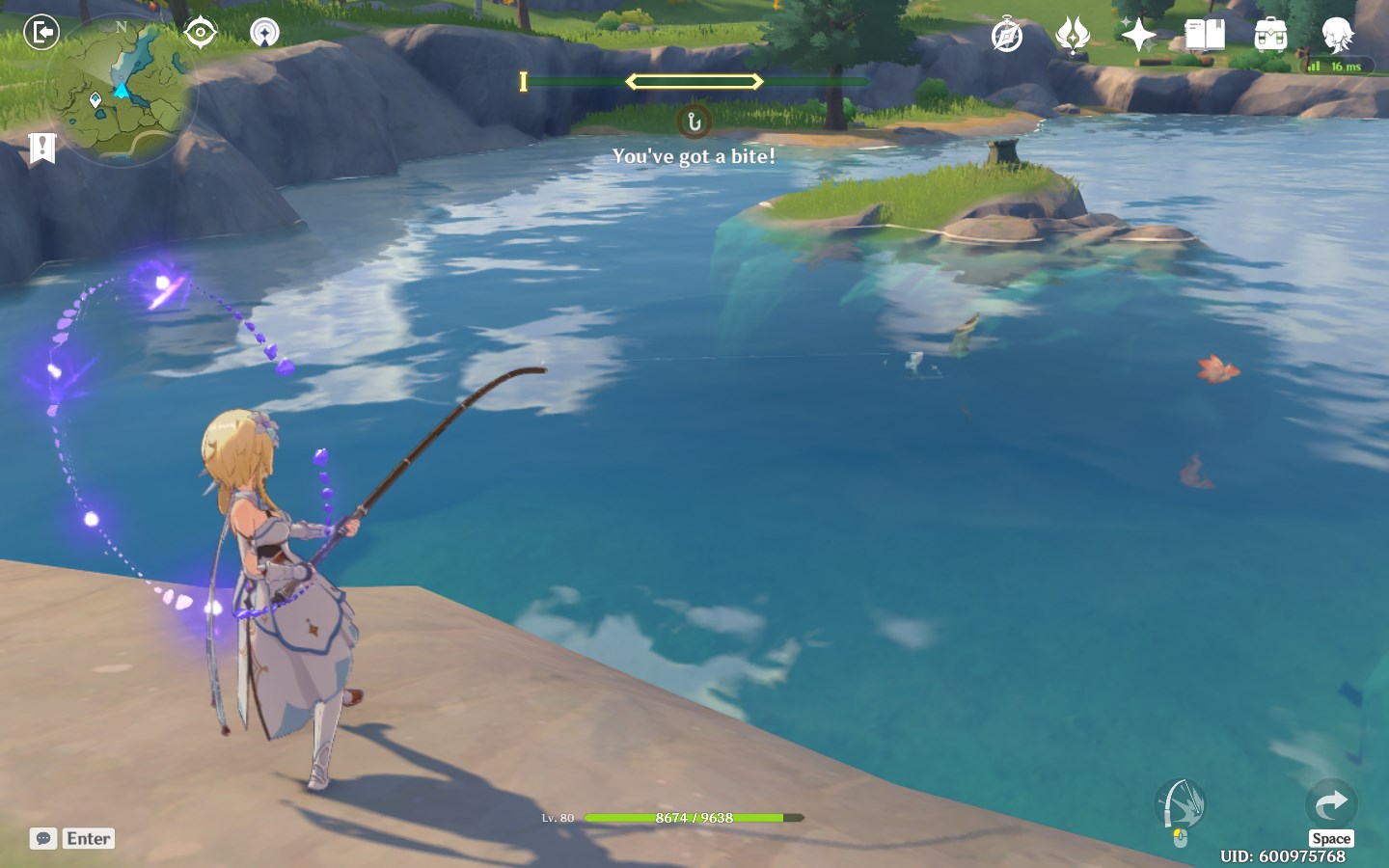 The female traveler from Genshin Impact fishes in a nearby river