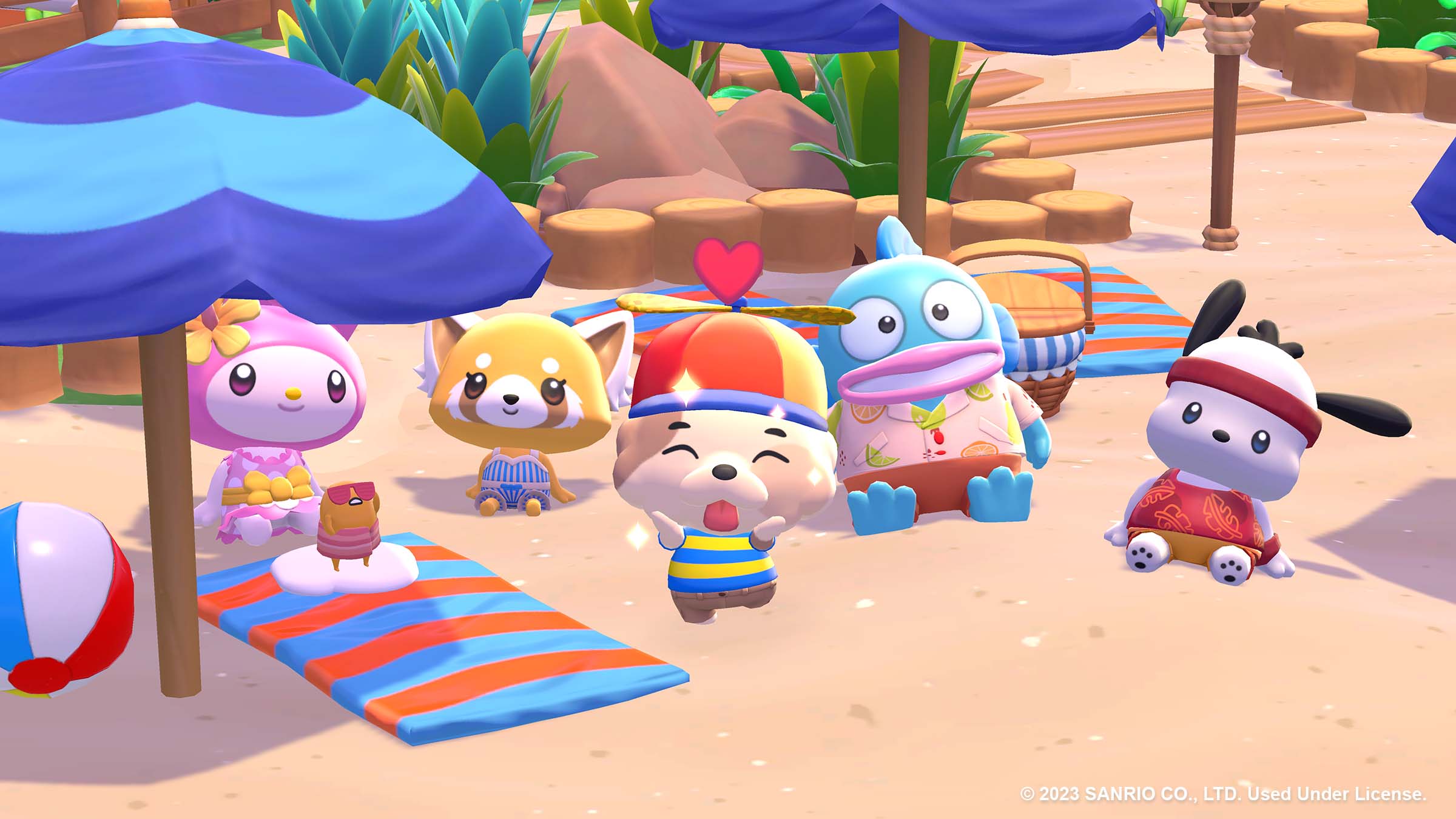 An image of Hello Kitty Island Adventure. It has Sario characters like My Melody, Retsuko, and Pochacco sitting on a beach. 