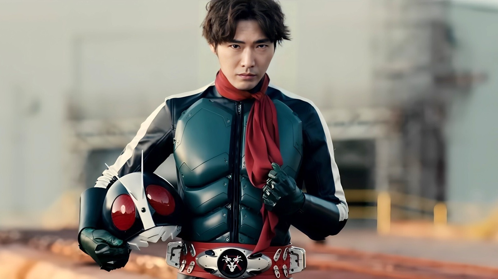 Tasuku Emoto in his Shin Kamen Rider outfit, holding his helmet and with a clenched fist.