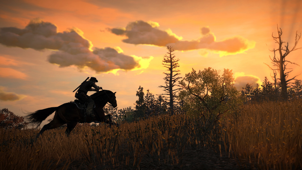 Red Dead Redemption - John Marston on horseback riding through grass at sunset