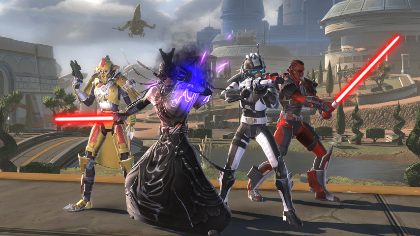 Screenshot of multiple players in Jedi and Imperial Trooper armor wielding red lightsabers in Star Wars: The Old Republic