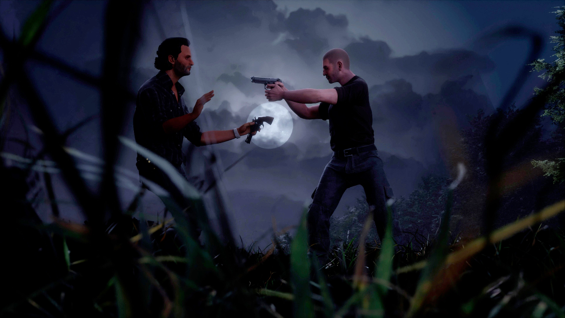 Shane Walsh points a gun at Rick Grimes in a moonlit scene from The Walking Dead: Destinies
