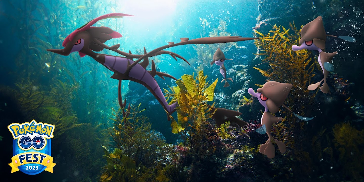 Dragalge and Skrep swim near a coral reef in Pokémon Go