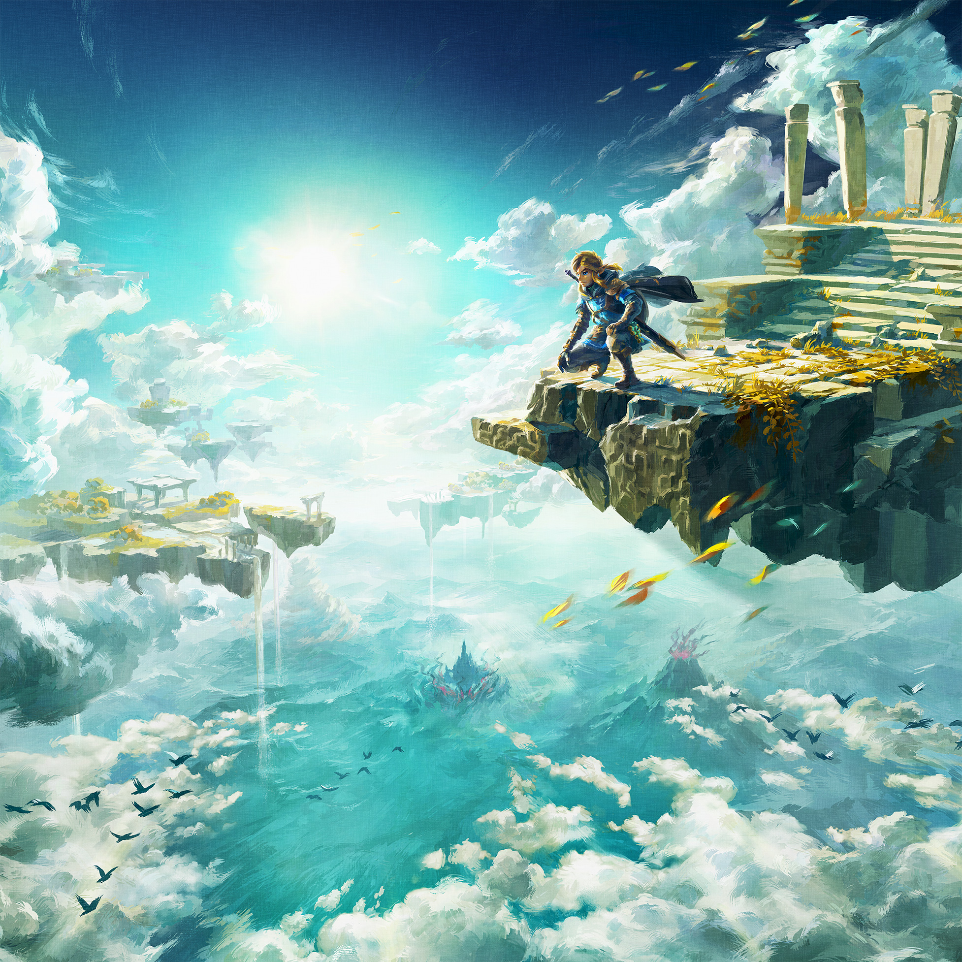 Link looking outwards towards the sky as he sits perched on the edge of a floating island in the sky. it’s an illustration for Zelda: Tears of the Kingdom