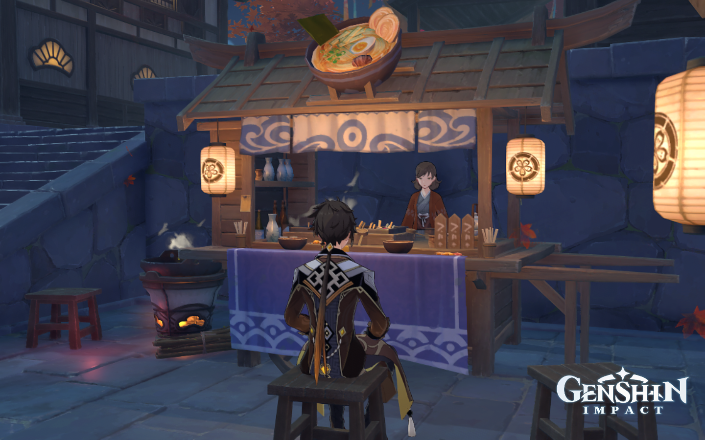 Zhongli sits in front of a food cart in Inazuma