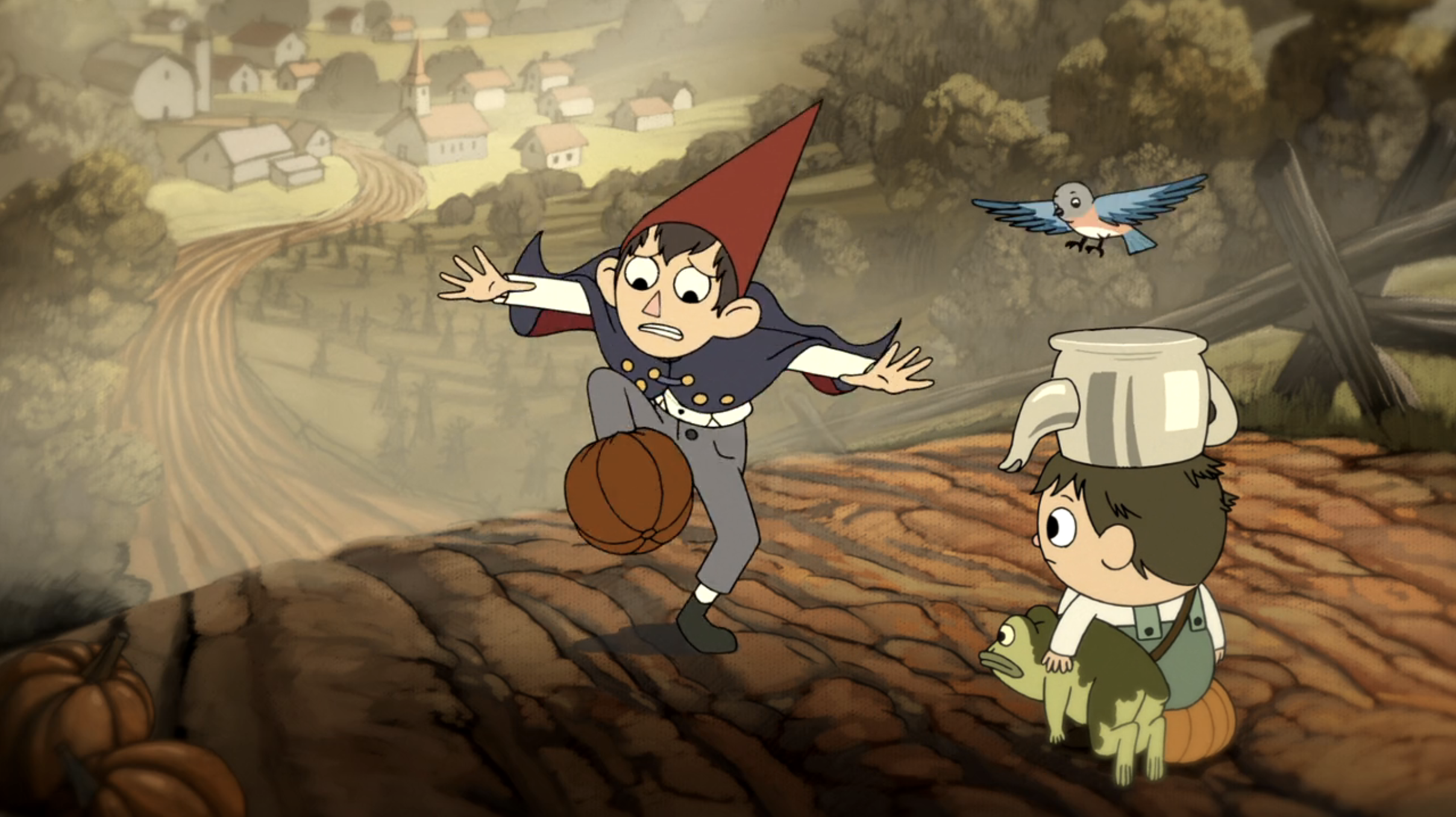 Two young children in Over the Garden Wall. One wears a point red hat and has his foot in a pumpkin. Another wears a pot on his head and holds a frog. A blue bird flies near them.